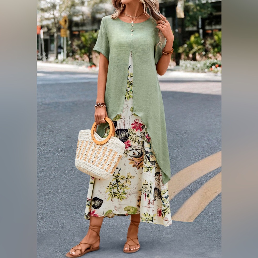 Women’s Plus Size 2X Floral Print Short Sleeve Short Sleeve Layered Maxi Dress